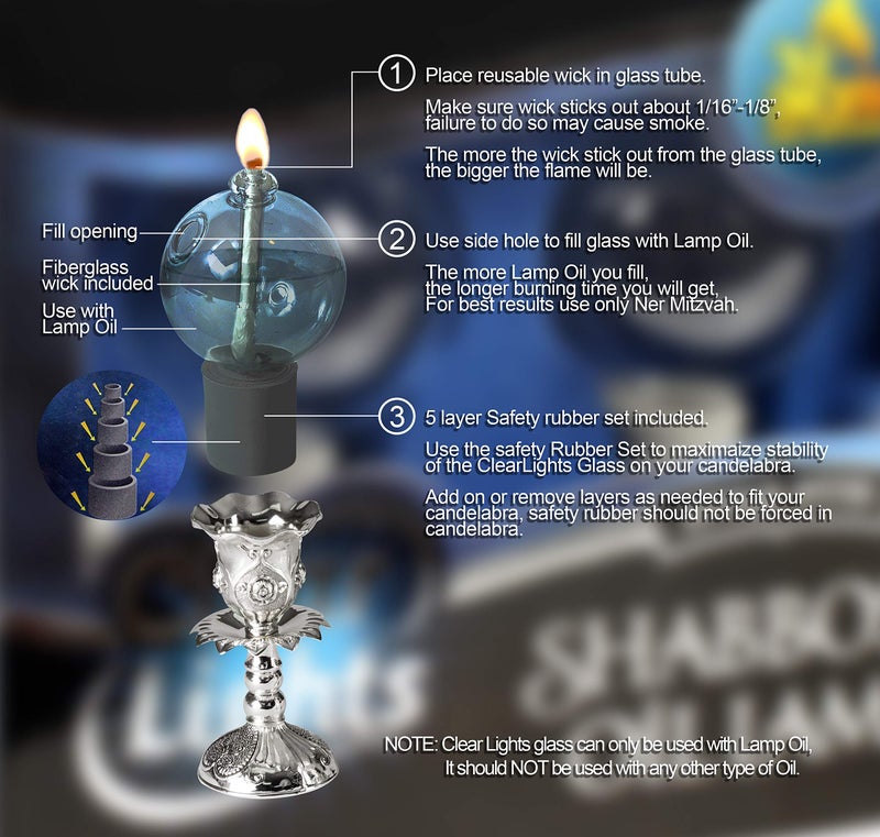Ner Mitzvah Glass Paraffin Shabbat Candle Holder Cup and Wick - Ball Shape, 2 Pack - Pretty and Elegant Design - Fits Standard Candlesticks - For Paraffin Lamp Oil - No Mess Refill - Image 3